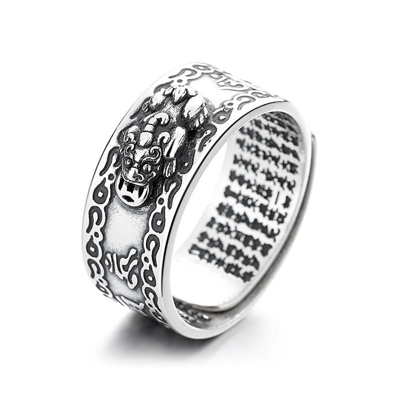 Mythstone 925 Sterling Silver PiXiu Scripture Carved Wealth Adjustable Ring