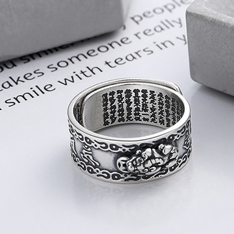 Mythstone 925 Sterling Silver PiXiu Scripture Carved Wealth Adjustable Ring