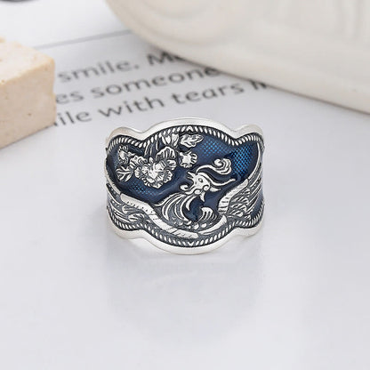 Mythstone 925 Sterling Silver Phoenix Peony Flowers Carved Luck Adjustable Ring