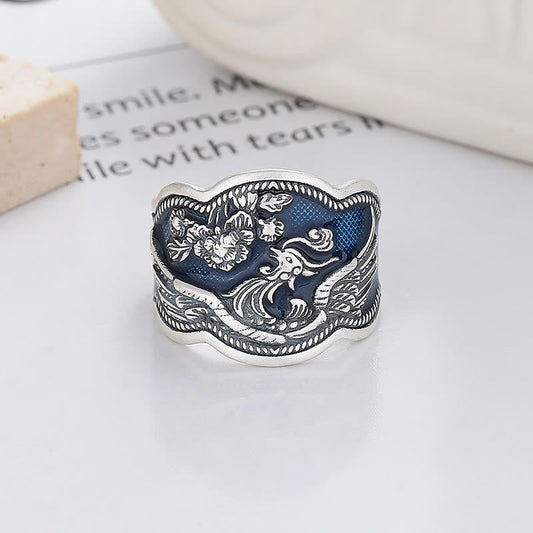 Mythstone 925 Sterling Silver Phoenix Peony Flowers Carved Luck Adjustable Ring