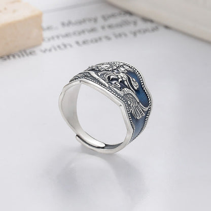 Mythstone 925 Sterling Silver Phoenix Peony Flowers Carved Luck Adjustable Ring