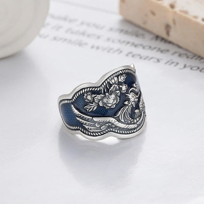 Mythstone 925 Sterling Silver Phoenix Peony Flowers Carved Luck Adjustable Ring