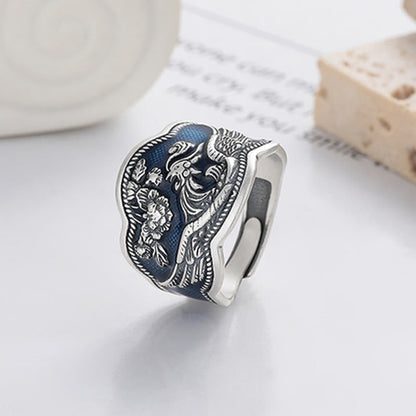 Mythstone 925 Sterling Silver Phoenix Peony Flowers Carved Luck Adjustable Ring