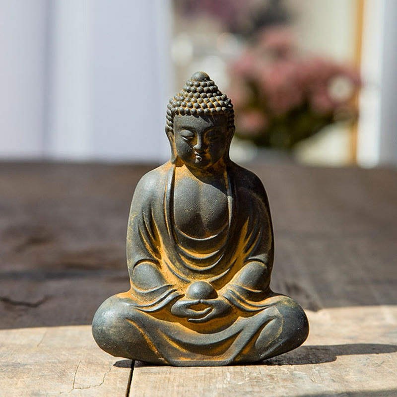 Mythstone Tibetan Meditating Buddha Iron Powder Rust Cast Resin Statue Serenity Decoration