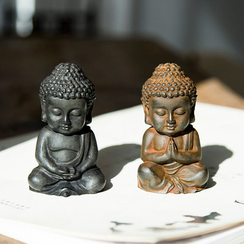 Mythstone Handmade Small Sakyamuni Buddha Iron Powder Rust Cast Resin Statue Decoration