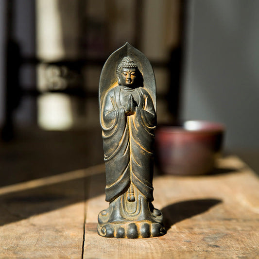 Mythstone Handmade Sakyamuni Buddha Namaste Iron Powder Rust Cast Resin Statue Decoration