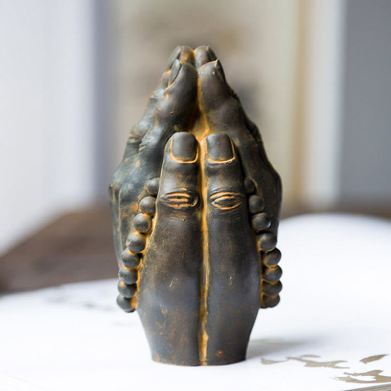 Mythstone Handmade Buddha Hand Namaste Iron Powder Rust Cast Resin Statue Decoration