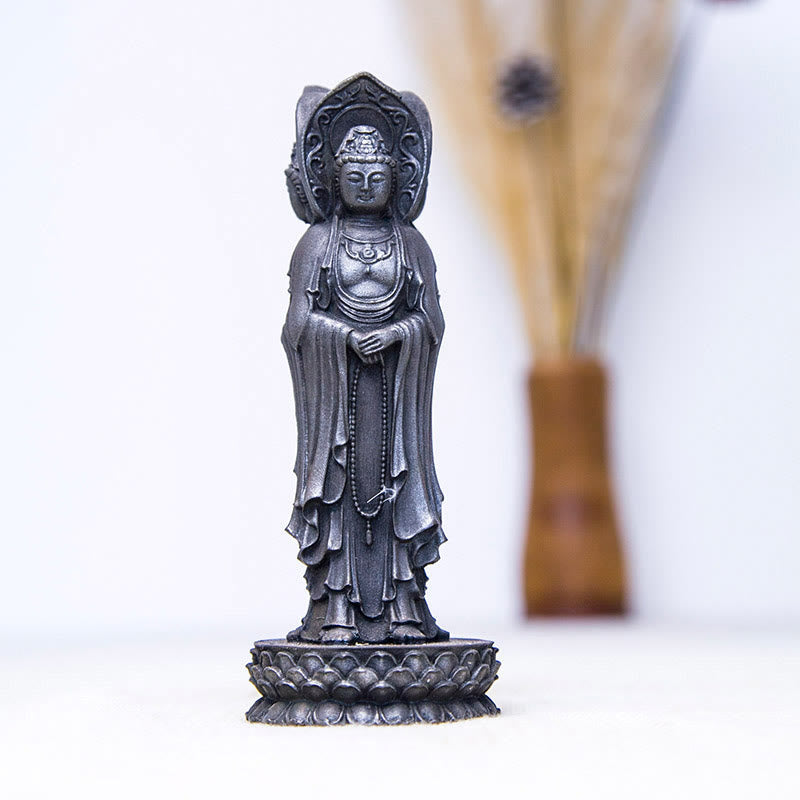 Mythstone Three-sided Kwan Yin Avalokitesvara Iron Powder Rust Cast Resin Statue Wealth Desk Decoration