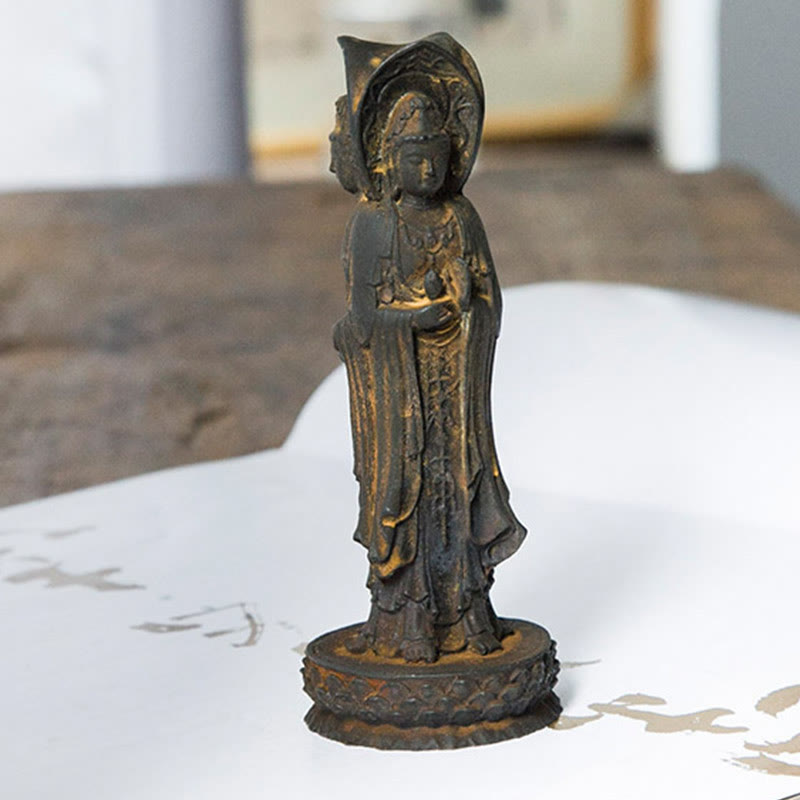 Mythstone Three-sided Kwan Yin Avalokitesvara Iron Powder Rust Cast Resin Statue Wealth Desk Decoration