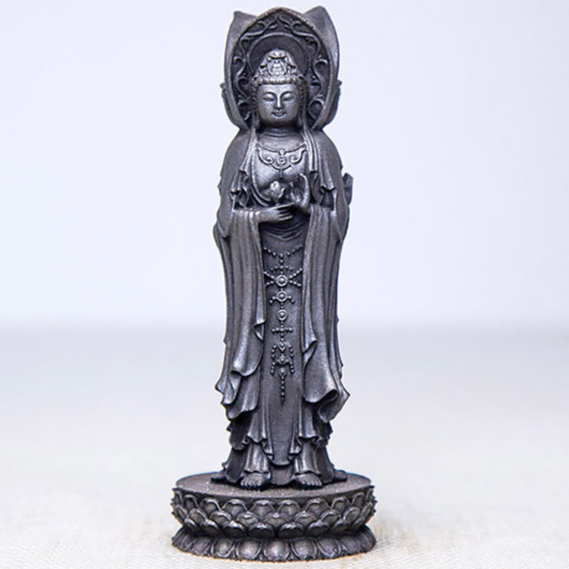 Mythstone Three-sided Kwan Yin Avalokitesvara Iron Powder Rust Cast Resin Statue Wealth Desk Decoration