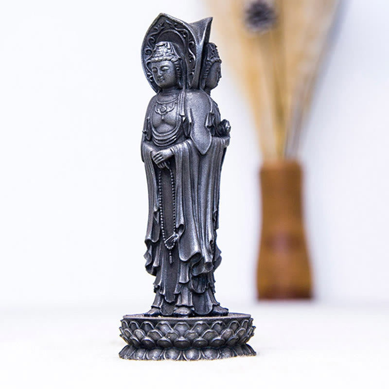 Mythstone Three-sided Kwan Yin Avalokitesvara Iron Powder Rust Cast Resin Statue Wealth Desk Decoration