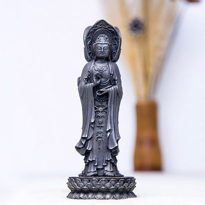 Mythstone Three-sided Kwan Yin Avalokitesvara Iron Powder Rust Cast Resin Statue Wealth Desk Decoration