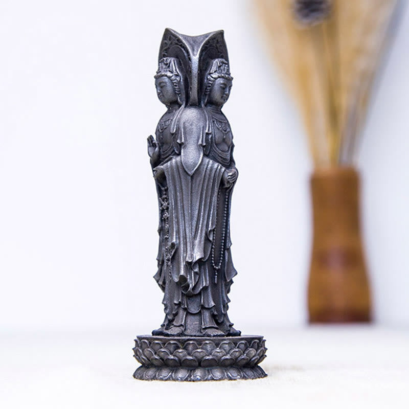 Mythstone Three-sided Kwan Yin Avalokitesvara Iron Powder Rust Cast Resin Statue Wealth Desk Decoration