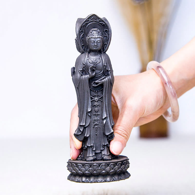 Mythstone Three-sided Kwan Yin Avalokitesvara Iron Powder Rust Cast Resin Statue Wealth Desk Decoration