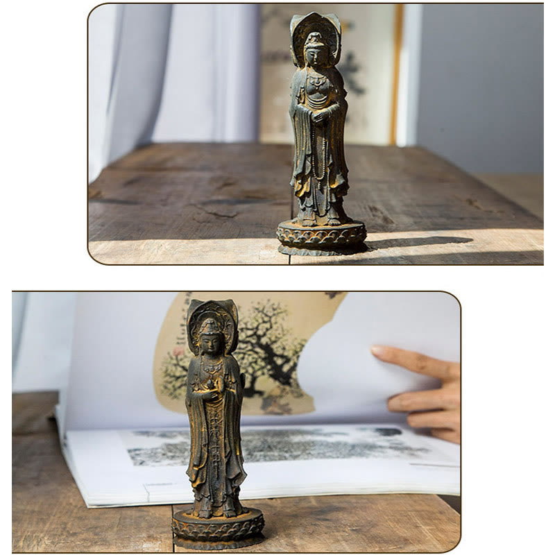 Mythstone Three-sided Kwan Yin Avalokitesvara Iron Powder Rust Cast Resin Statue Wealth Desk Decoration