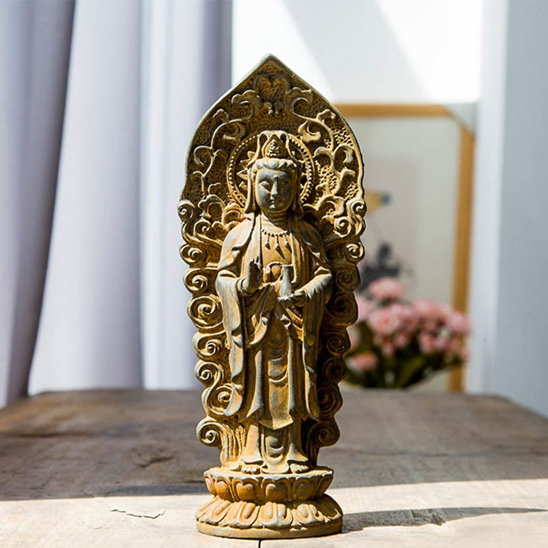 Mythstone Handmade Amitabha Guanyin Avalokitesvara Mahasthamaprapta Iron Powder Rust Cast Resin Statue Decoration