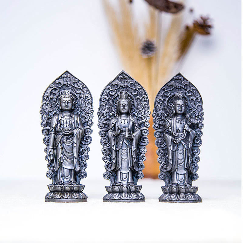 Mythstone Handmade Amitabha Guanyin Avalokitesvara Mahasthamaprapta Iron Powder Rust Cast Resin Statue Decoration