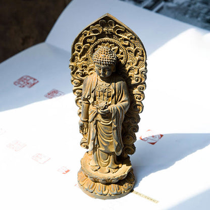 Mythstone Handmade Amitabha Guanyin Avalokitesvara Mahasthamaprapta Iron Powder Rust Cast Resin Statue Decoration