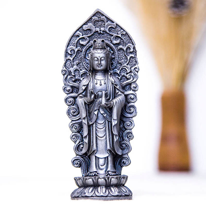 Mythstone Handmade Amitabha Guanyin Avalokitesvara Mahasthamaprapta Iron Powder Rust Cast Resin Statue Decoration