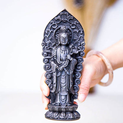 Mythstone Handmade Amitabha Guanyin Avalokitesvara Mahasthamaprapta Iron Powder Rust Cast Resin Statue Decoration