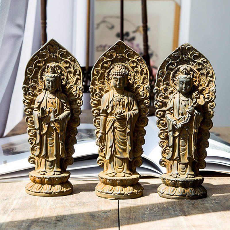 Mythstone Handmade Amitabha Guanyin Avalokitesvara Mahasthamaprapta Iron Powder Rust Cast Resin Statue Decoration