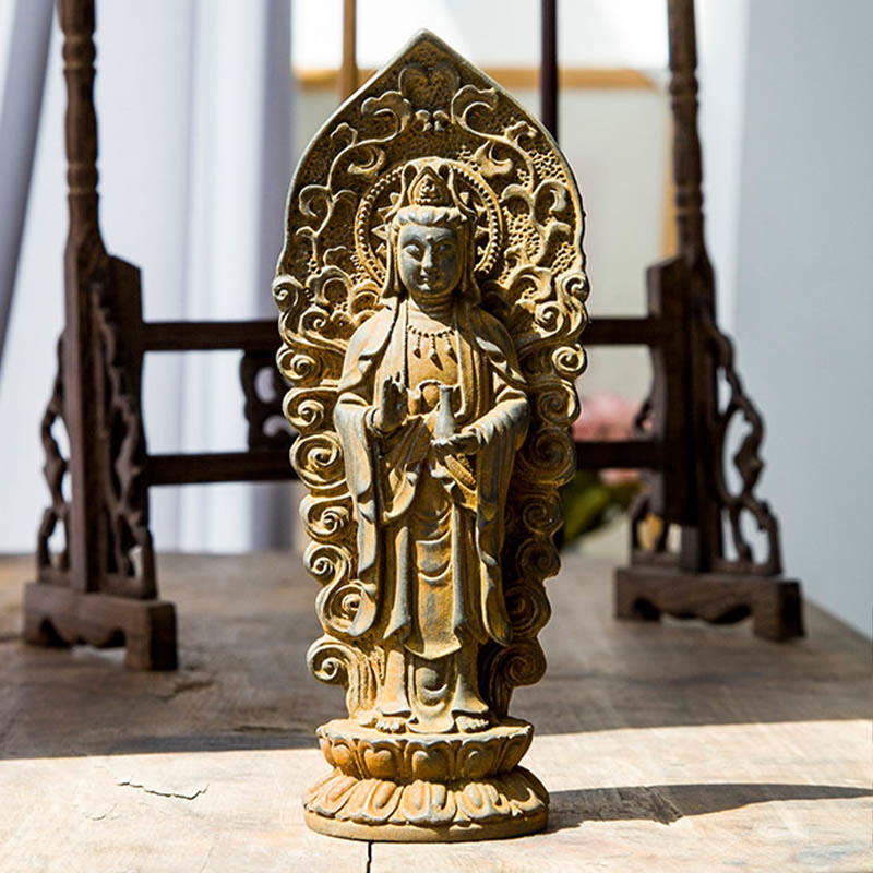 Mythstone Handmade Amitabha Guanyin Avalokitesvara Mahasthamaprapta Iron Powder Rust Cast Resin Statue Decoration