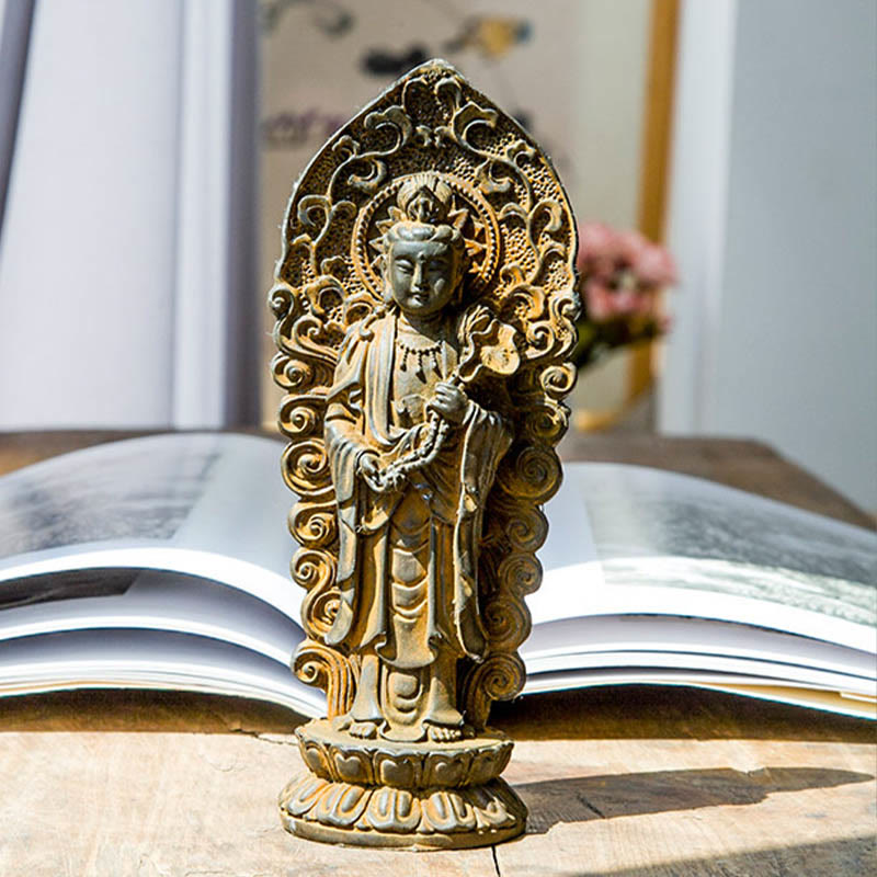 Mythstone Handmade Amitabha Guanyin Avalokitesvara Mahasthamaprapta Iron Powder Rust Cast Resin Statue Decoration