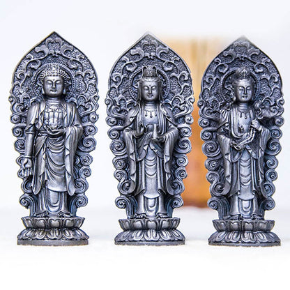 Mythstone Handmade Amitabha Guanyin Avalokitesvara Mahasthamaprapta Iron Powder Rust Cast Resin Statue Decoration