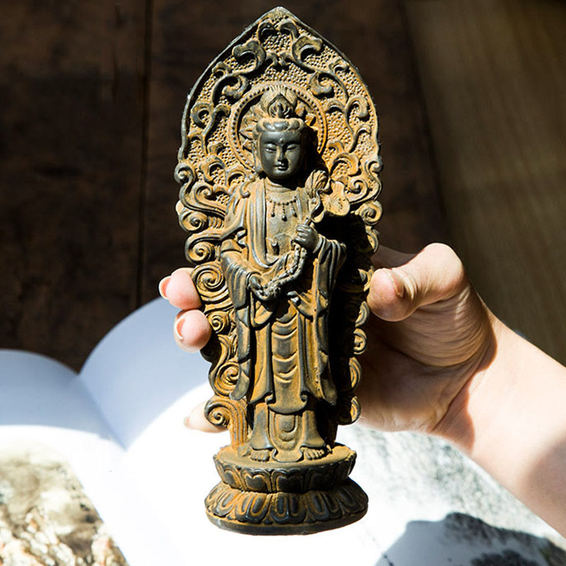 Mythstone Handmade Amitabha Guanyin Avalokitesvara Mahasthamaprapta Iron Powder Rust Cast Resin Statue Decoration