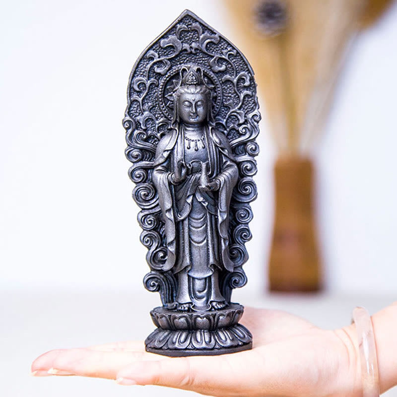 Mythstone Handmade Amitabha Guanyin Avalokitesvara Mahasthamaprapta Iron Powder Rust Cast Resin Statue Decoration