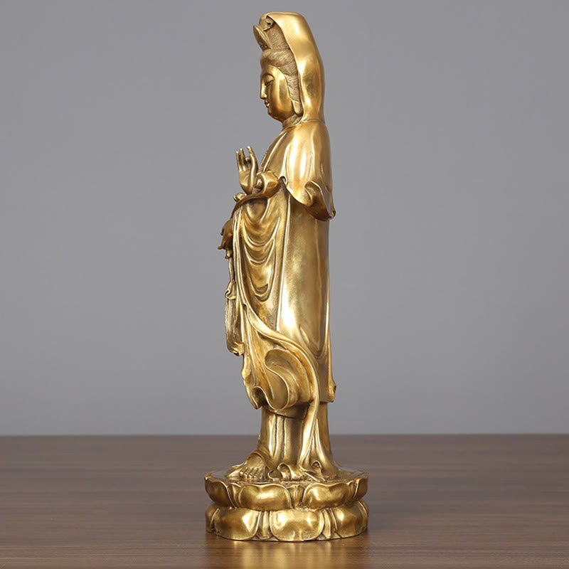 Mythstone Golden Standing Kwan Yin Avalokitesvara Wealth Brass Copper Statue Home Desk Decoration