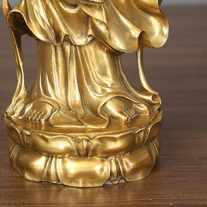 Mythstone Golden Standing Kwan Yin Avalokitesvara Wealth Brass Copper Statue Home Desk Decoration