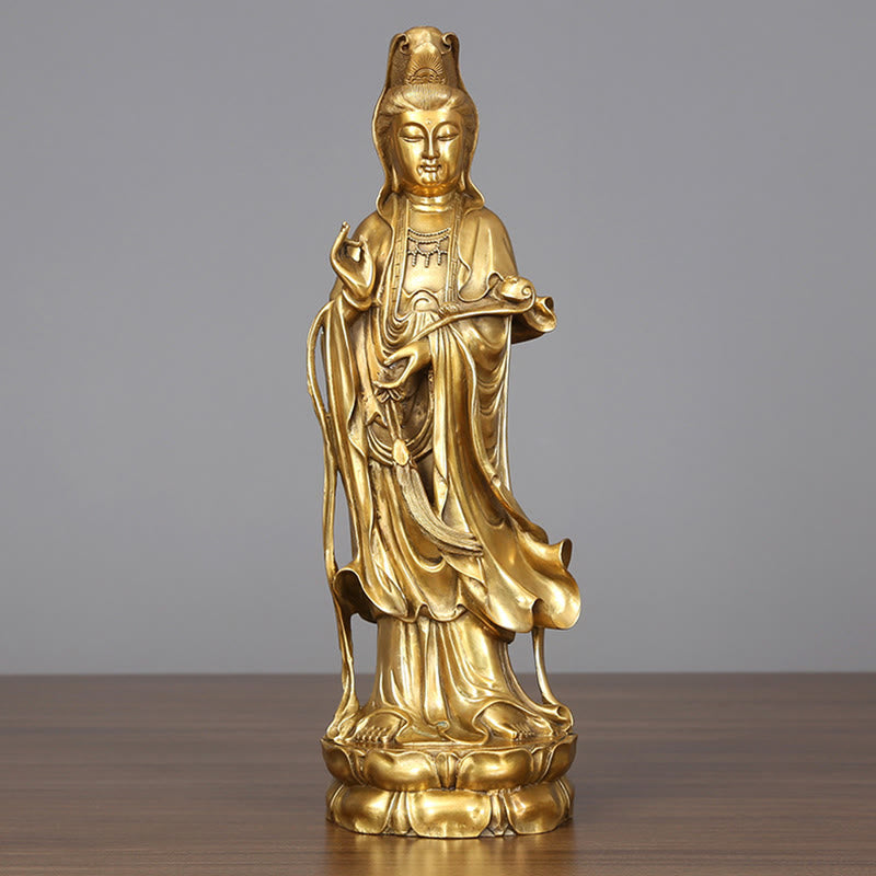 Mythstone Golden Standing Kwan Yin Avalokitesvara Wealth Brass Copper Statue Home Desk Decoration