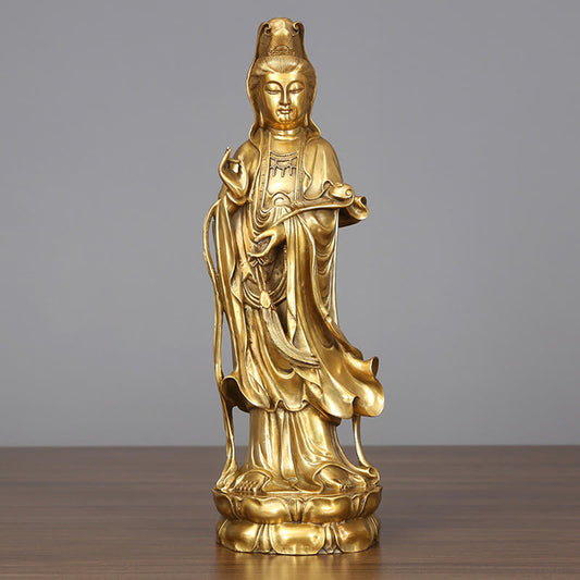 Mythstone Golden Standing Kwan Yin Avalokitesvara Wealth Brass Copper Statue Home Desk Decoration