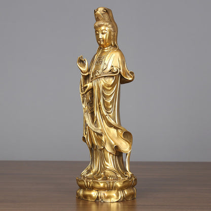 Mythstone Golden Standing Kwan Yin Avalokitesvara Wealth Brass Copper Statue Home Desk Decoration