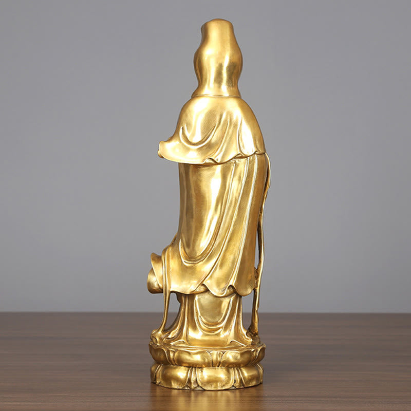 Mythstone Golden Standing Kwan Yin Avalokitesvara Wealth Brass Copper Statue Home Desk Decoration