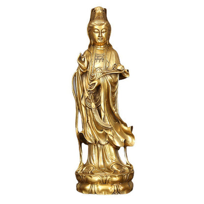 Mythstone Golden Standing Kwan Yin Avalokitesvara Wealth Brass Copper Statue Home Desk Decoration