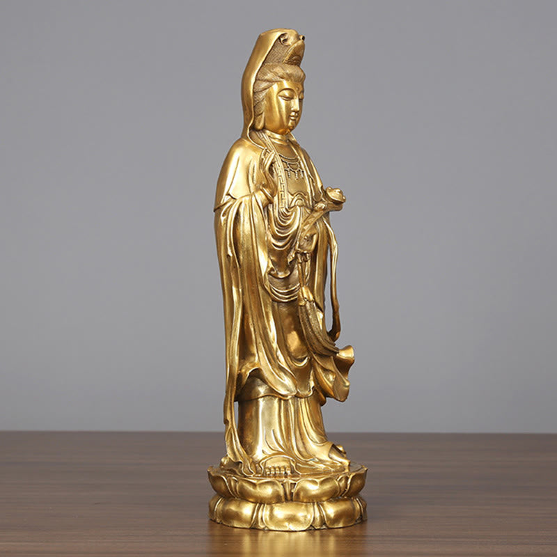 Mythstone Golden Standing Kwan Yin Avalokitesvara Wealth Brass Copper Statue Home Desk Decoration