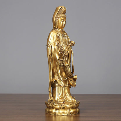 Mythstone Golden Standing Kwan Yin Avalokitesvara Wealth Brass Copper Statue Home Desk Decoration