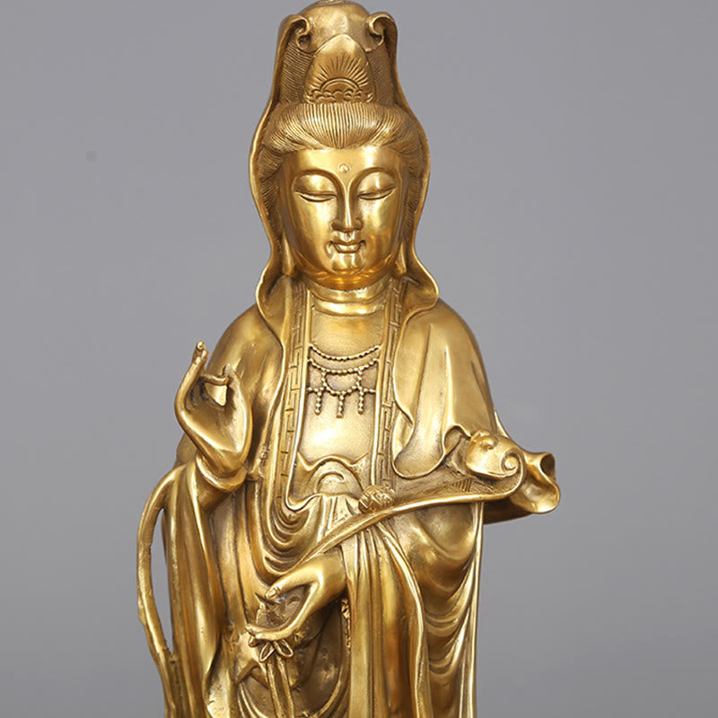 Mythstone Golden Standing Kwan Yin Avalokitesvara Wealth Brass Copper Statue Home Desk Decoration