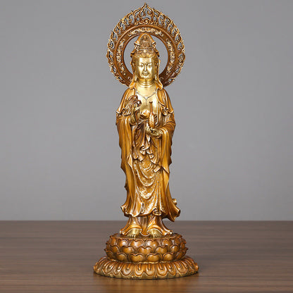 Estatua de cobre y latón con aura de loto de Avalokitesvara, piedra mitológica, Kwan Yin, decoración del hogar