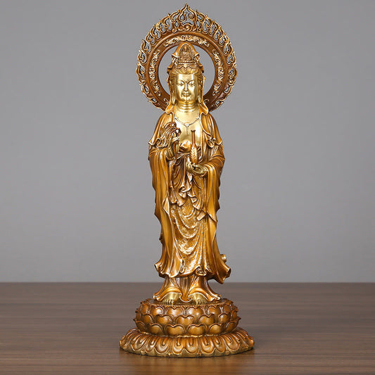 Mythstone Kwan Yin Avalokitesvara Lotus Aura Success Brass Copper Statue Home Decoration