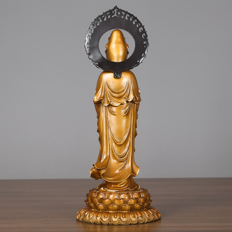 Estatua de cobre y latón con aura de loto de Avalokitesvara, piedra mitológica, Kwan Yin, decoración del hogar