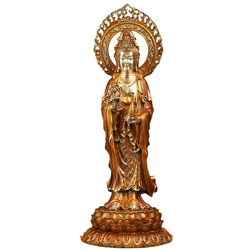 Estatua de cobre y latón con aura de loto de Avalokitesvara, piedra mitológica, Kwan Yin, decoración del hogar