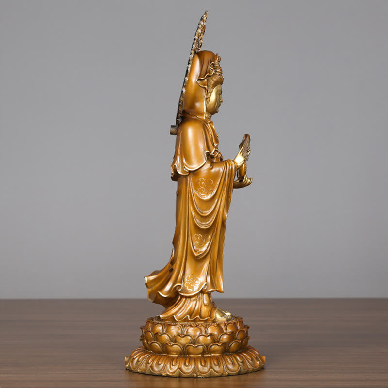 Estatua de cobre y latón con aura de loto de Avalokitesvara, piedra mitológica, Kwan Yin, decoración del hogar