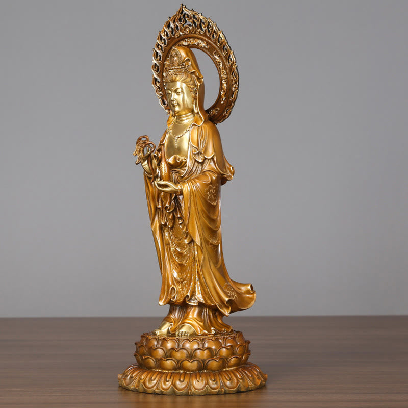 Estatua de cobre y latón con aura de loto de Avalokitesvara, piedra mitológica, Kwan Yin, decoración del hogar