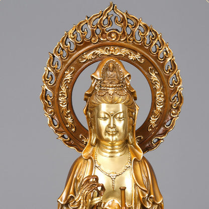 Estatua de cobre y latón con aura de loto de Avalokitesvara, piedra mitológica, Kwan Yin, decoración del hogar