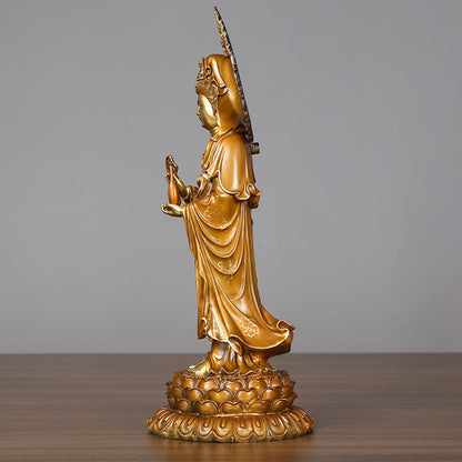 Estatua de cobre y latón con aura de loto de Avalokitesvara, piedra mitológica, Kwan Yin, decoración del hogar