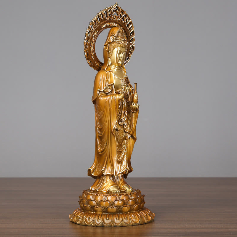 Estatua de cobre y latón con aura de loto de Avalokitesvara, piedra mitológica, Kwan Yin, decoración del hogar