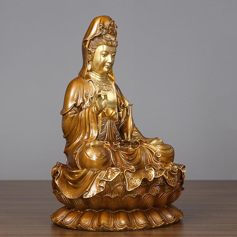 Mythstone Kwan Yin Avalokitesvara Lotus Sitting Harmony Brass Copper Statue Home Altar Decoration